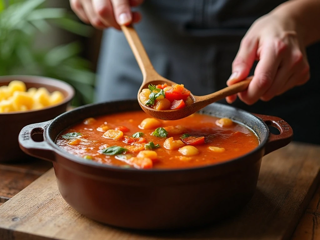 Stirring vegetables and broth while making crockpot minestrone