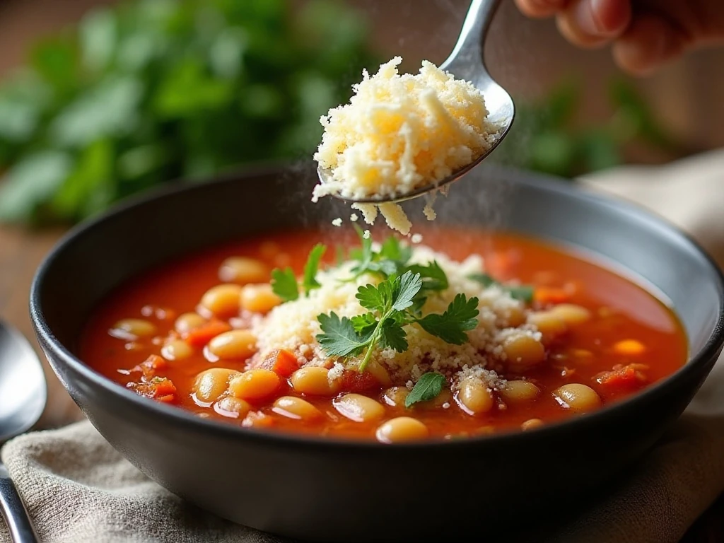 Parmesan and parsley garnish on a serving of minestrone soup