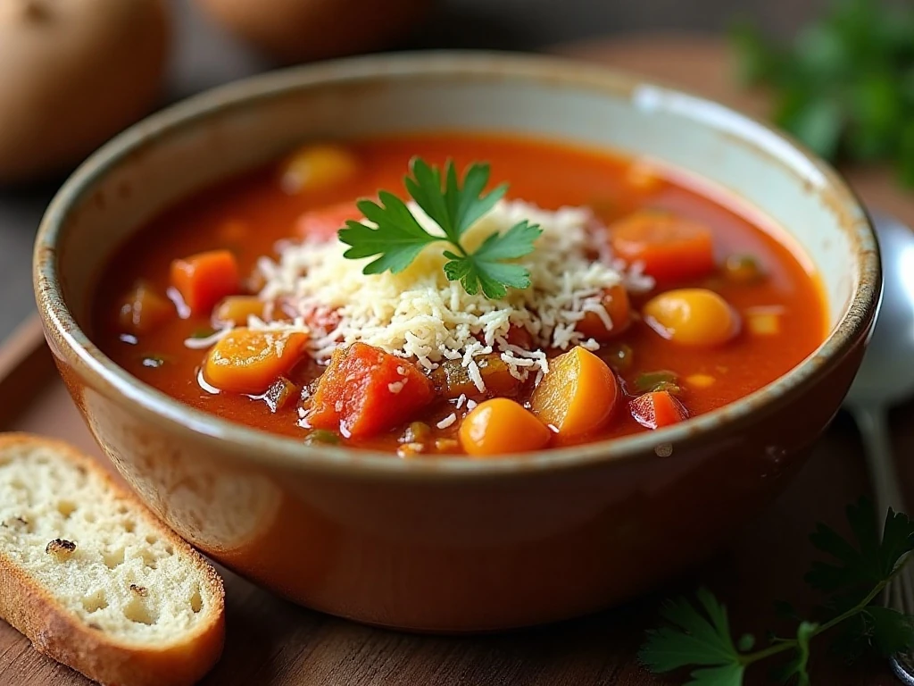 Finished slow-cooker minestrone soup topped with Parmesan and parsley