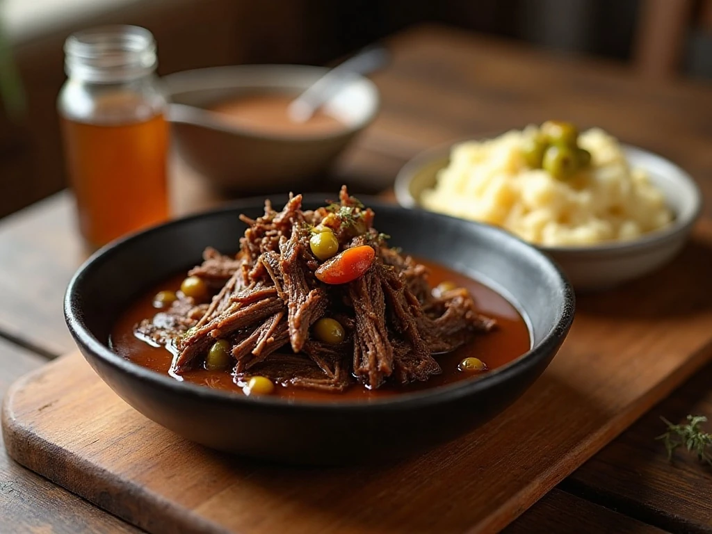 Tender Mississippi pot roast served with mashed potatoes and pepperoncini