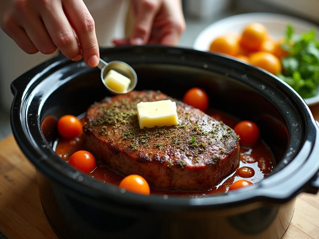 Seasoned chuck roast prepared in a slow cooker with butter and pepperoncini