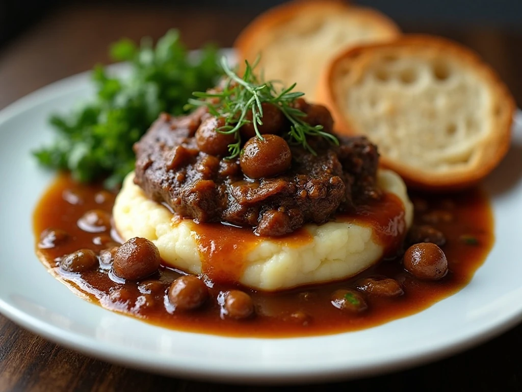 Mississippi pot roast dinner with mashed potatoes and crusty bread