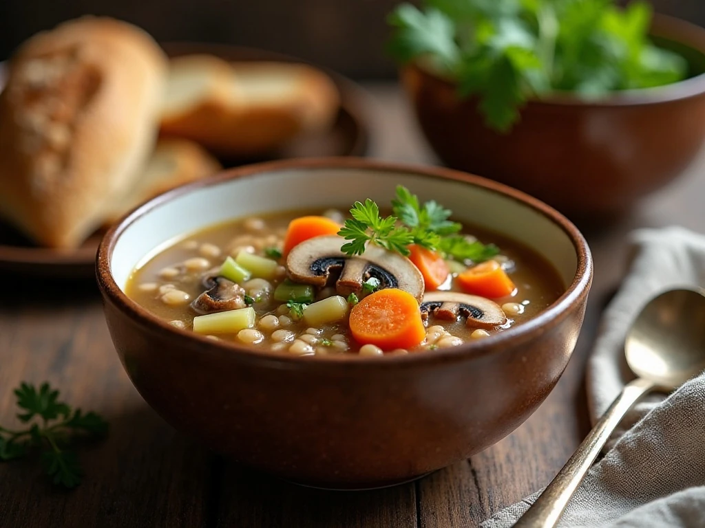 A hearty bowl of slow cooker mushroom barley soup with vegetables and pearl barley