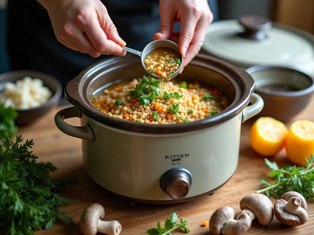Preparing mushroom barley soup ingredients in a slow cooker