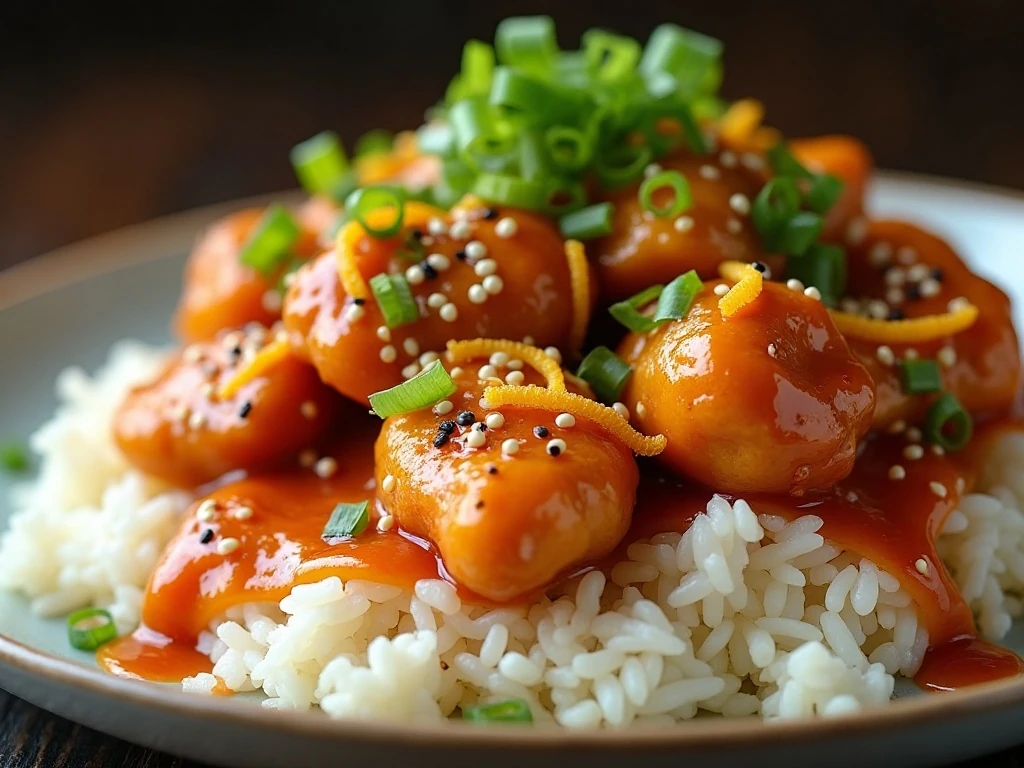Orange chicken with rice, green onions, and sesame seeds