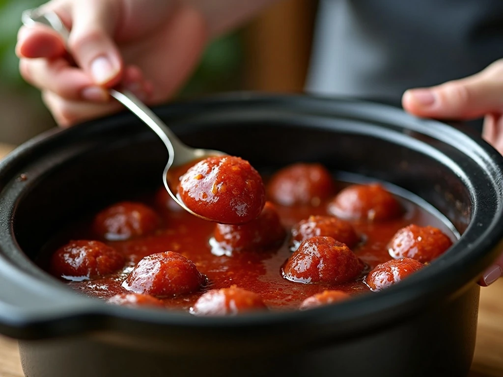 Stirring grape jelly and chili sauce with meatballs in a slow cooker