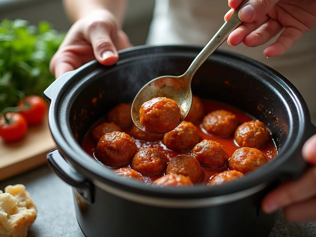 Gently stirring saucy meatballs in a lined crockpot