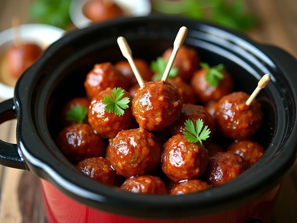 Party meatballs served with toothpicks and small forks