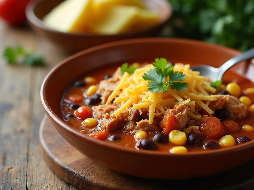 Bowl of slow cooker pineapple chicken chili with chicken, beans, corn, and pineapple