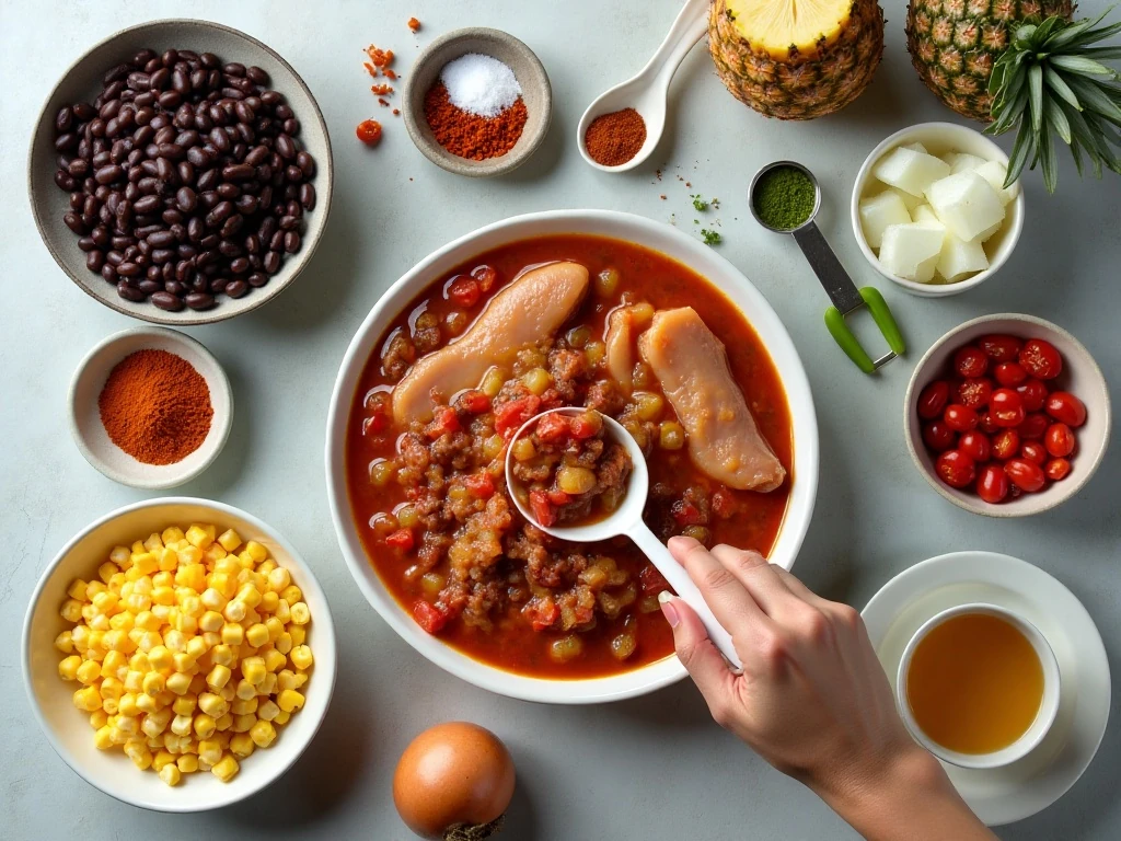 Ingredients for slow cooker pineapple chicken chili arranged on a counter