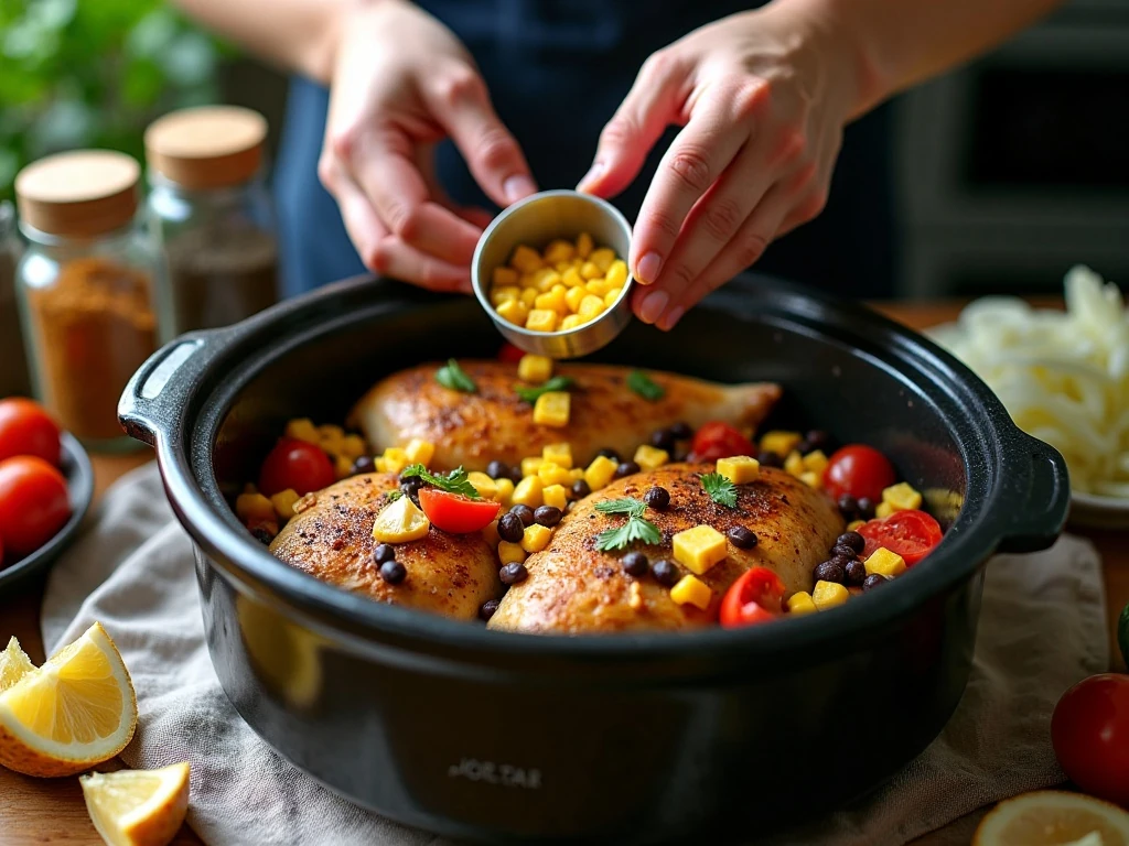 Ingredients being added to a slow cooker for pineapple chicken chili