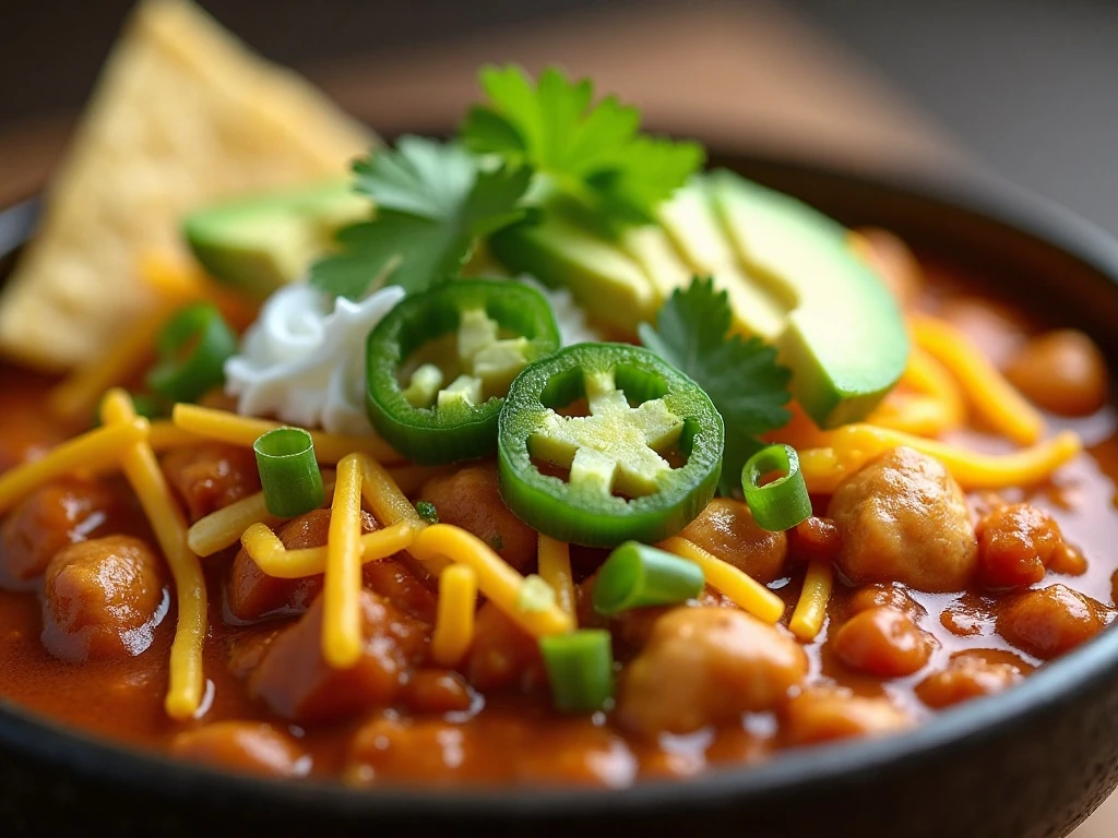 Pineapple chicken chili garnished with cheese, cilantro, avocado, jalapeño, and tortilla chips