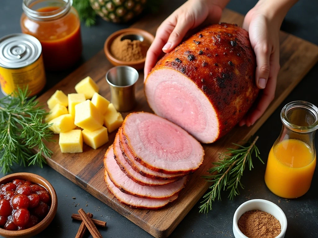 Ingredients for slow cooker pineapple cranberry ham arranged for preparation