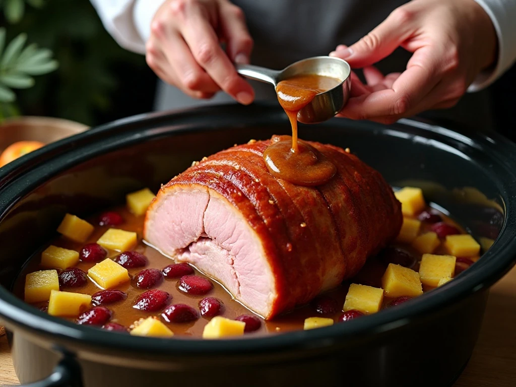 Ham being placed cut side down in the slow cooker with pineapple and cranberry sauce