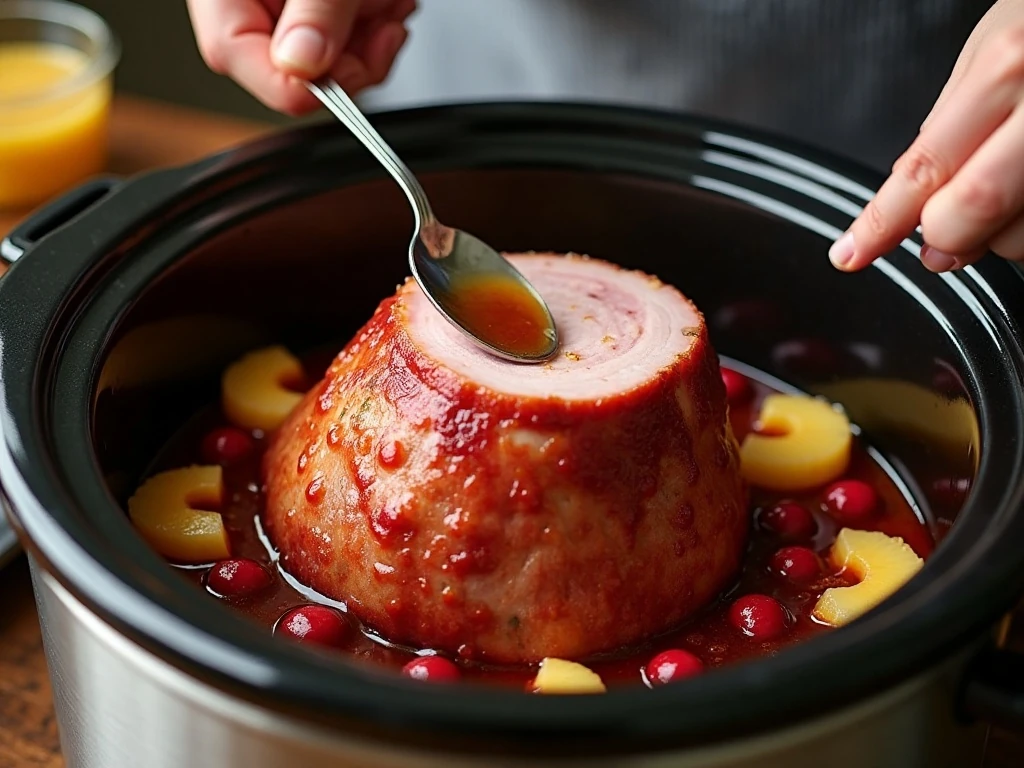 Basting slow cooker ham with pineapple cranberry juices