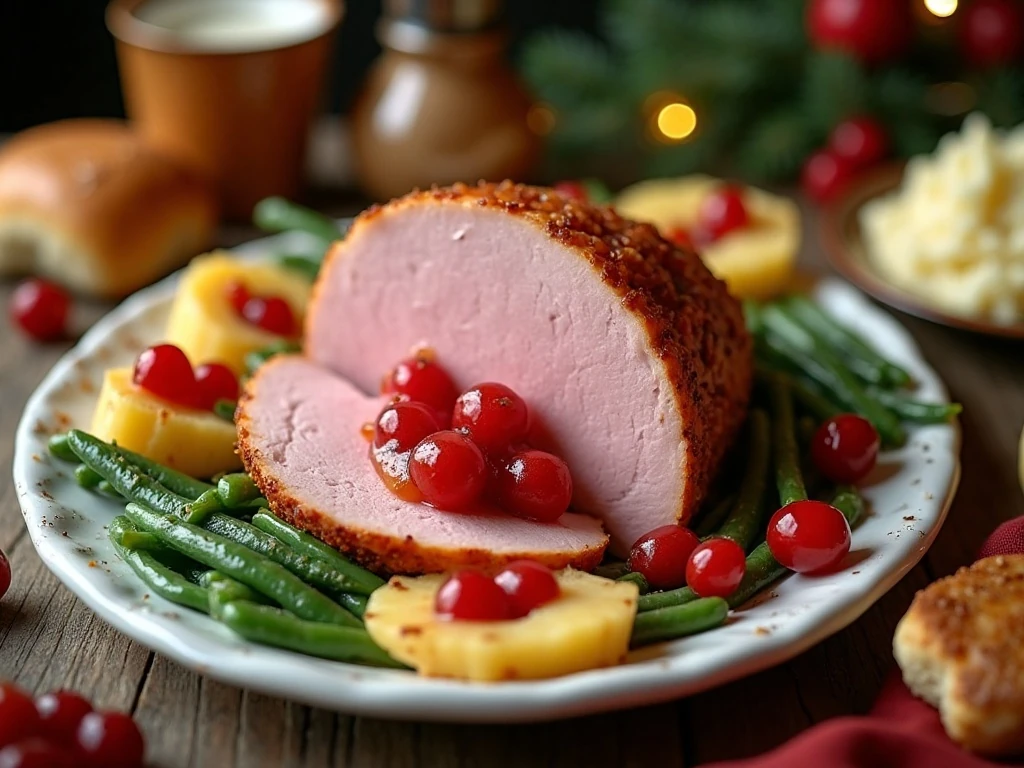 Pineapple cranberry ham served with potatoes vegetables and dinner rolls