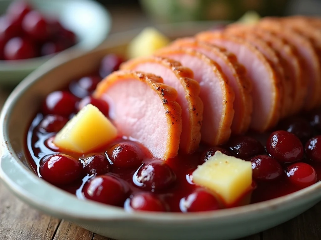 Tender leftover ham slices with pineapple cranberry sauce