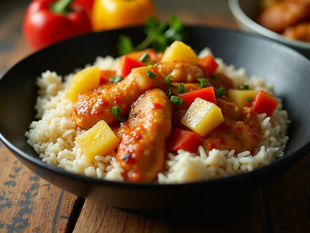 Slow cooker pineapple Hawaiian chicken served over rice