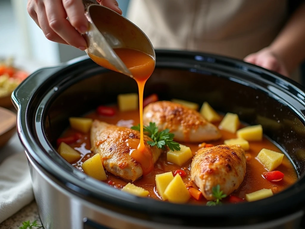 Adding pineapple soy sauce to chicken in a slow cooker