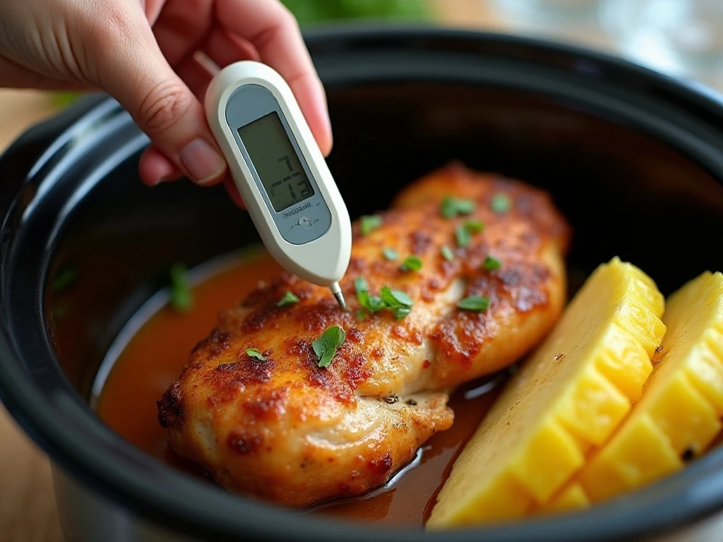 Checking the internal temperature of slow cooker chicken