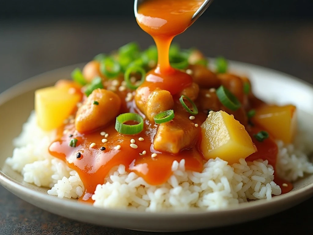 Pineapple Hawaiian chicken with rice and green onion garnish
