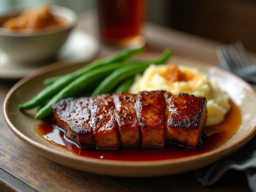 Tender slow cooker pork belly with honey balsamic glaze served with mashed potatoes and green beans
