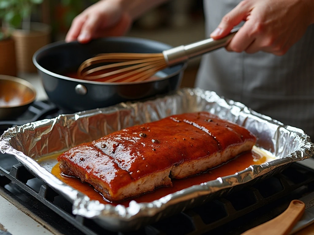 Honey balsamic sauce reducing into a glossy glaze for pork belly