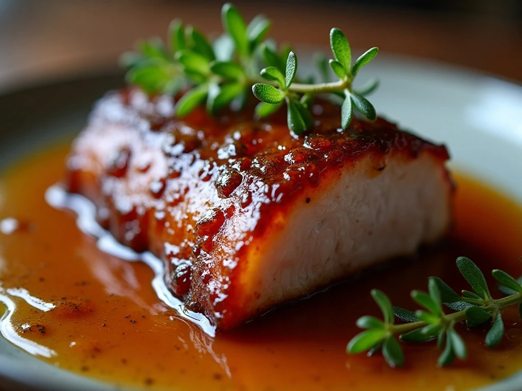 Close-up of caramelized pork belly with honey balsamic glaze and fresh thyme