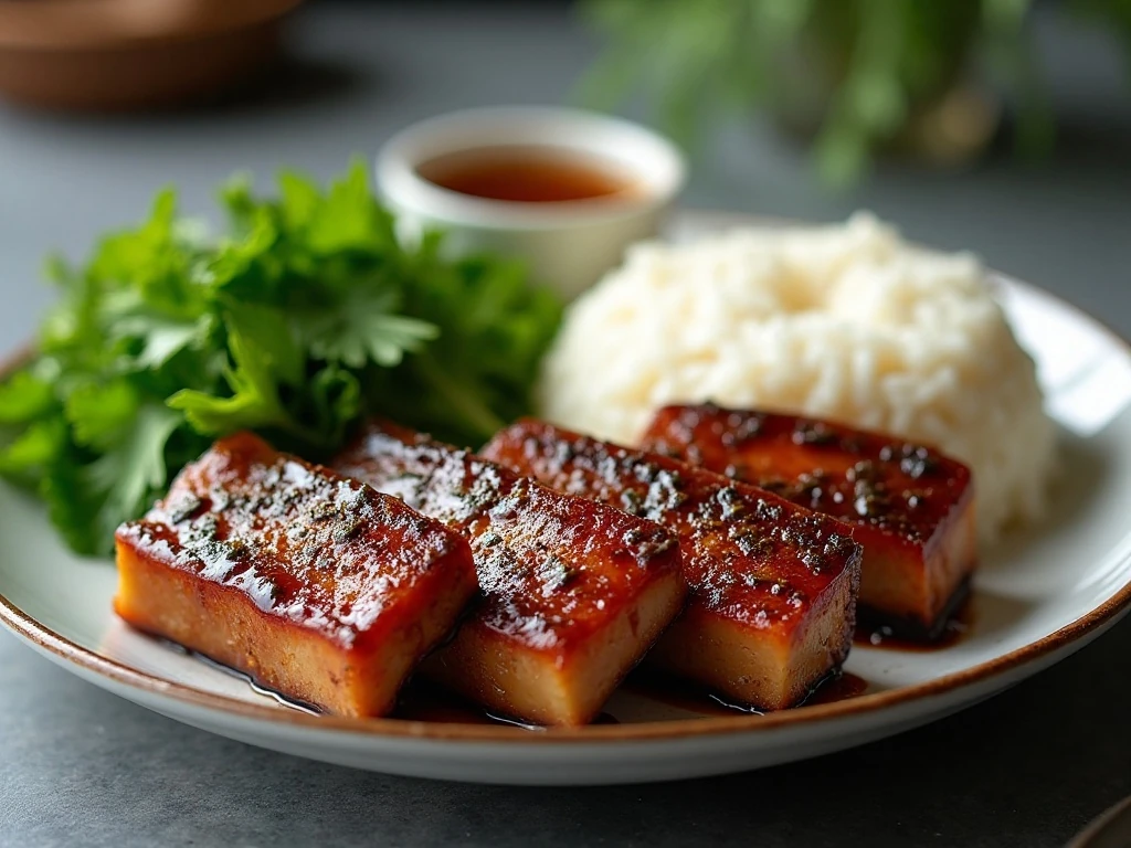 Reheated honey balsamic pork belly served with rice and vegetables