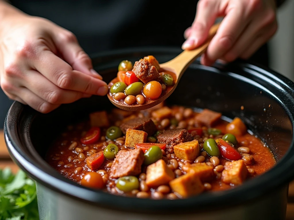 Adding pork chili ingredients to a slow cooker