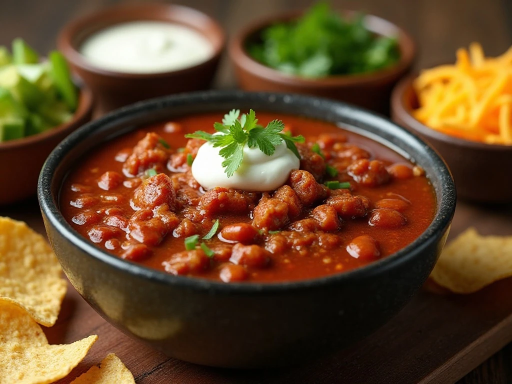 Pork chili toppings including cheese, sour cream, cilantro, and avocado
