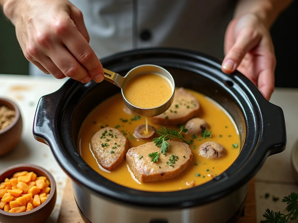 Whisking golden gravy mixture for Crockpot pork chops