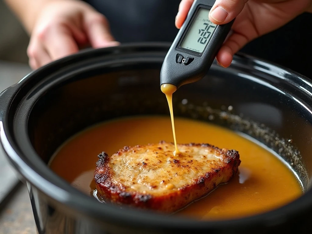 Checking pork chop temperature for tender slow cooker results