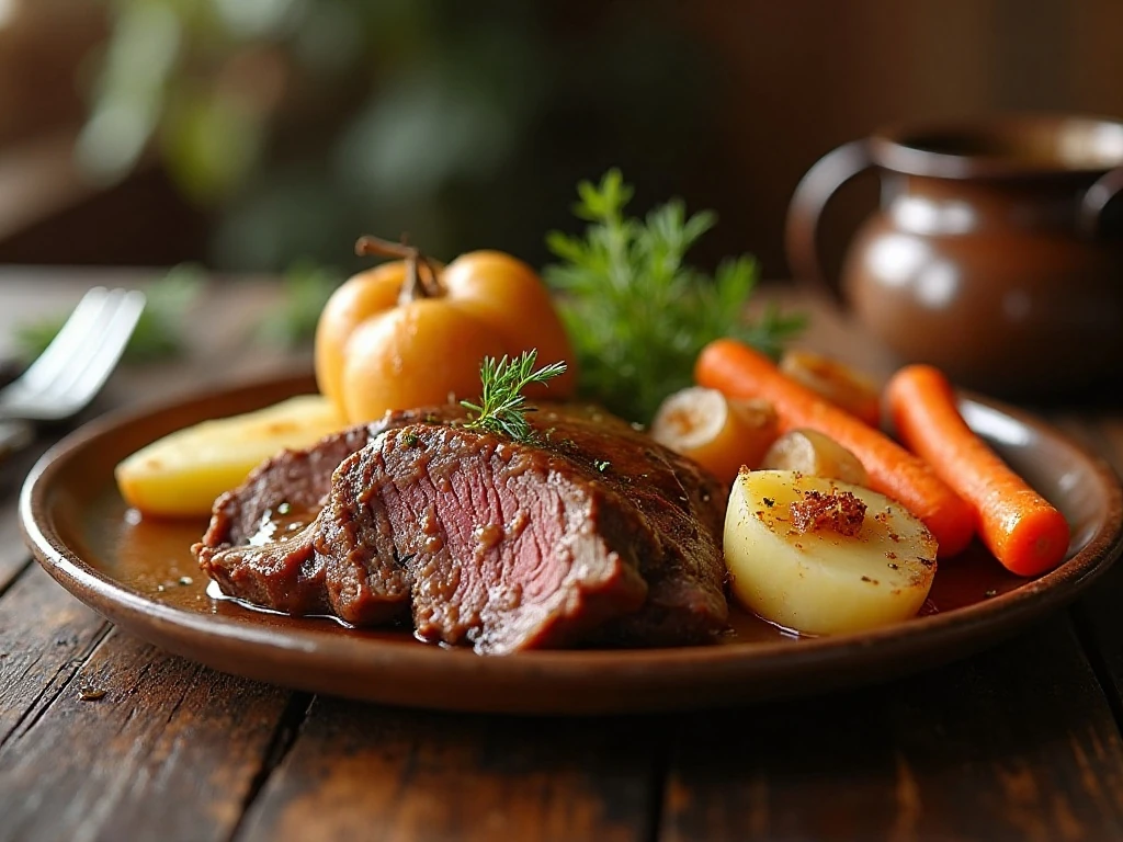 Tender slow cooker pot roast with carrots, potatoes, and gravy