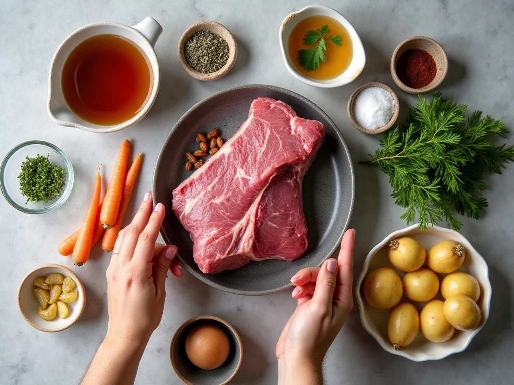 Ingredients for Crockpot pot roast arranged for cooking