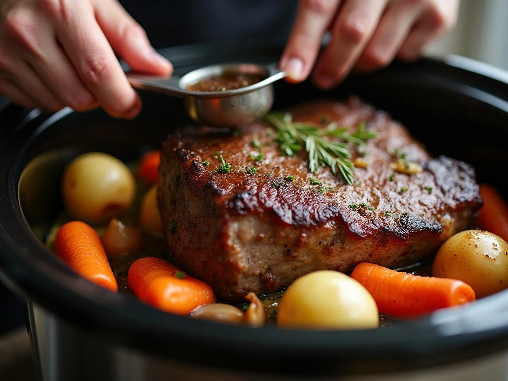 Browning and preparing chuck roast with vegetables for the slow cooker