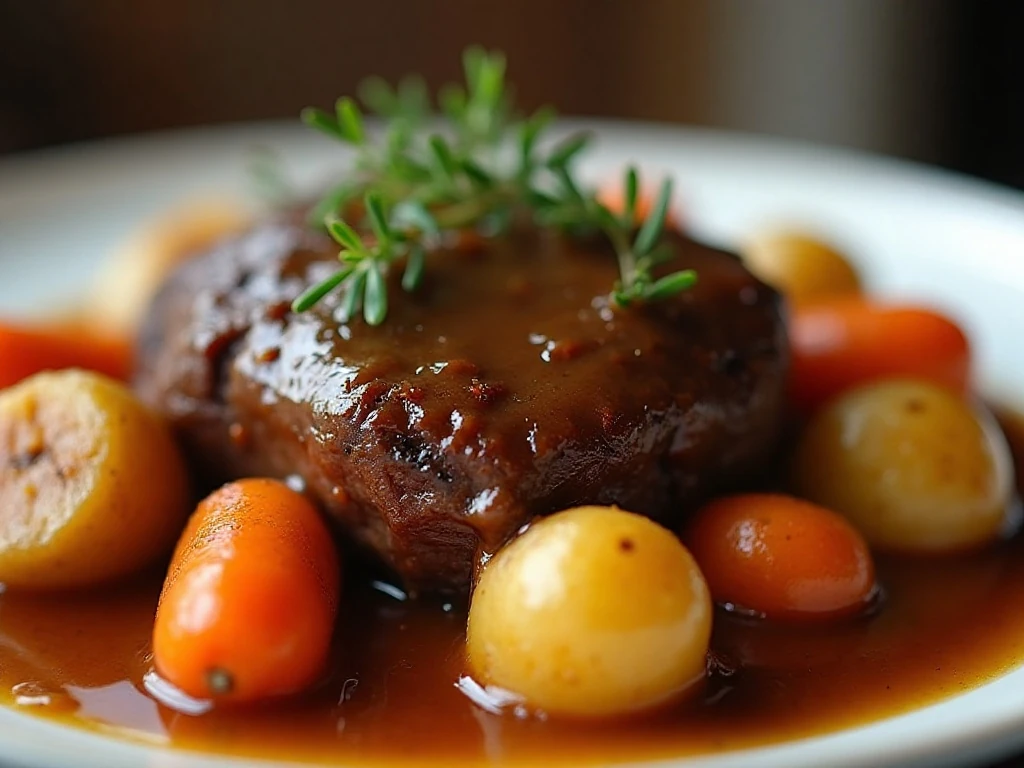 Fork-tender pot roast served with vegetables and fresh thyme