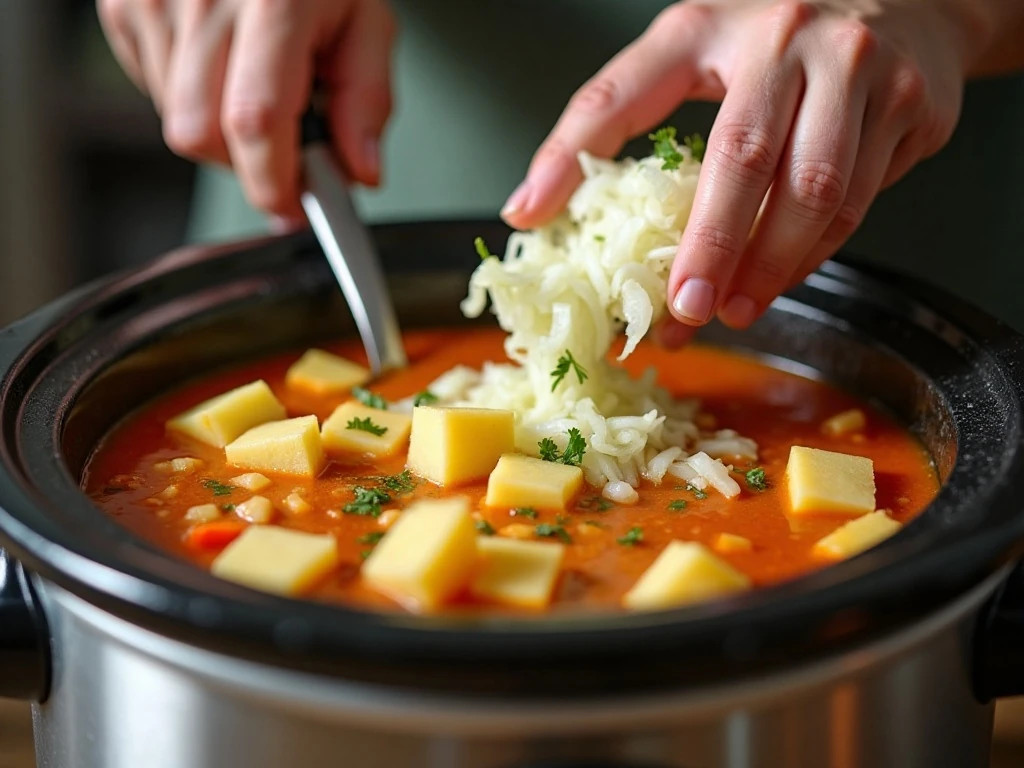 Preparing potatoes and onion in a slow cooker
