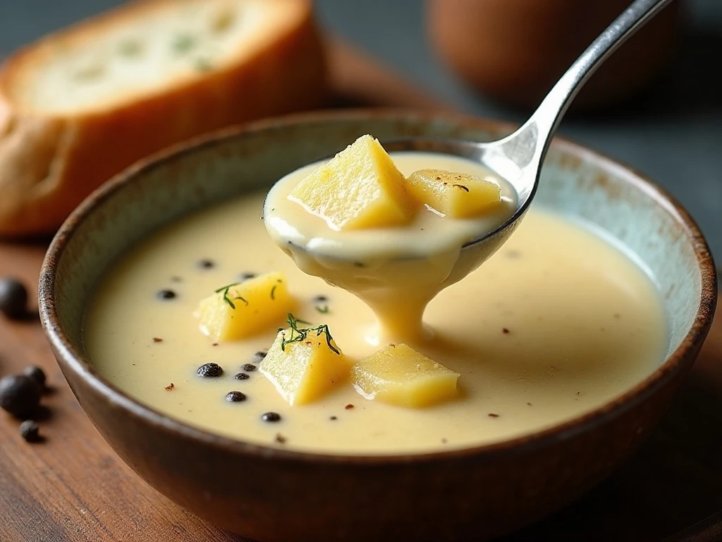 Serving thick creamy potato soup with bread