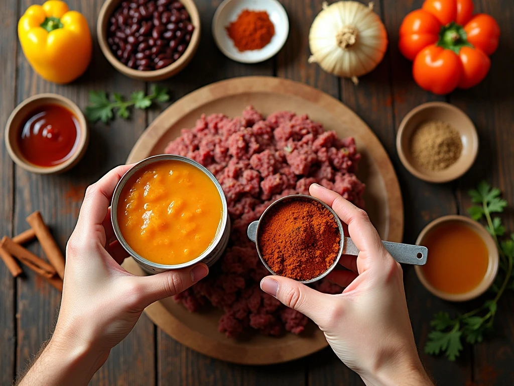 Ingredients for slow cooker pumpkin chili arranged for preparation