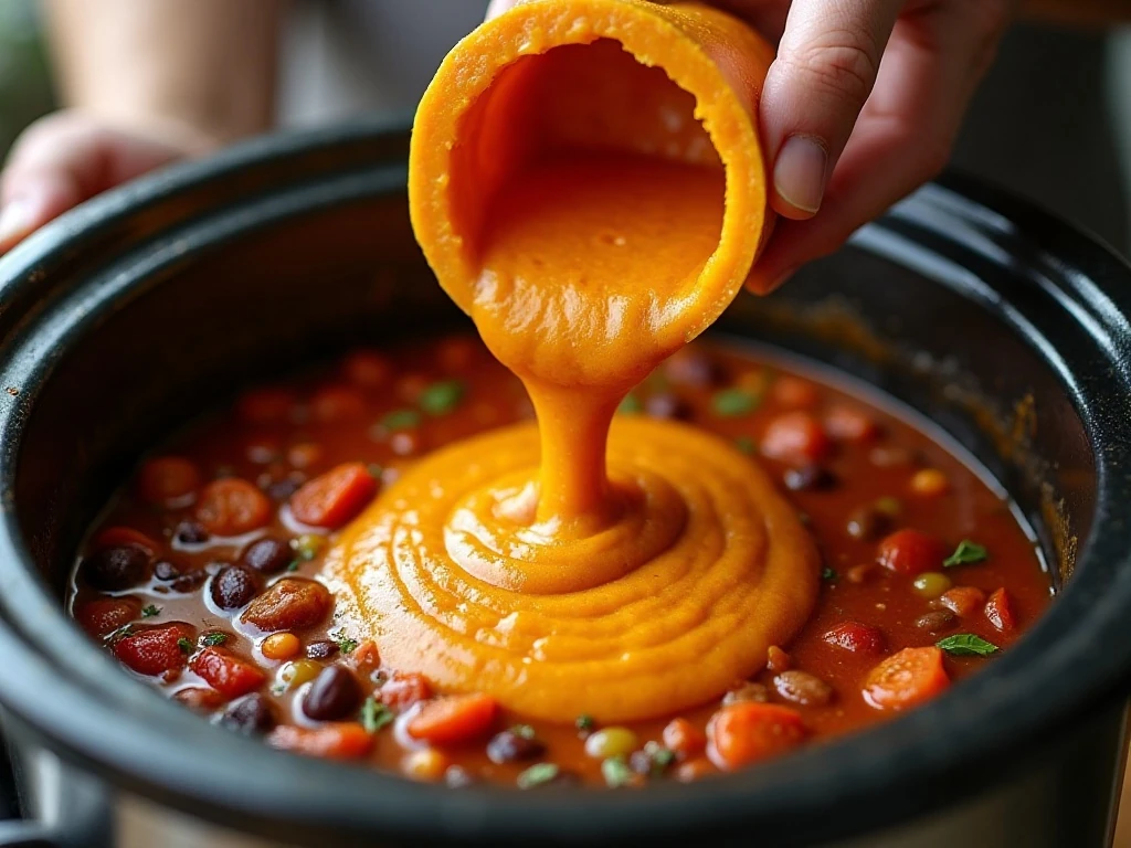Pumpkin purée stirred into slow cooker chili