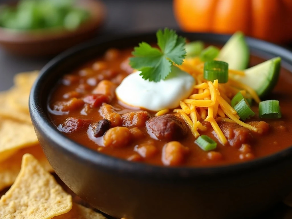 Pumpkin chili topped with cheese, sour cream, herbs, avocado, and tortilla chips