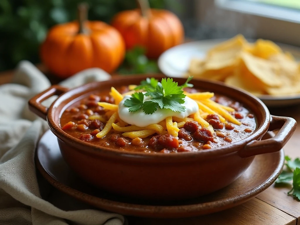 Finished bowl of cozy slow cooker pumpkin chili