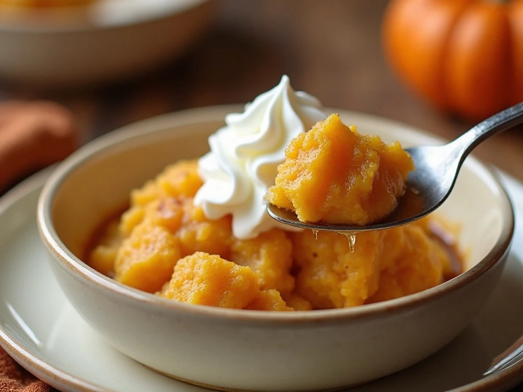 Warm pumpkin dump cake with whipped cream in a bowl