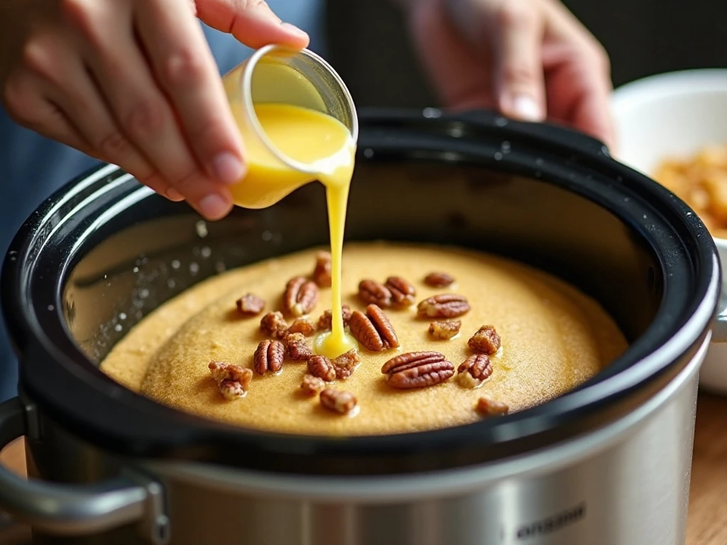 Drizzling butter evenly over pumpkin dump cake topping