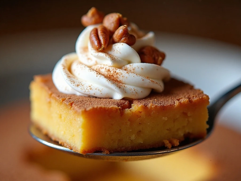 Close-up of pumpkin dump cake with whipped cream and pecans