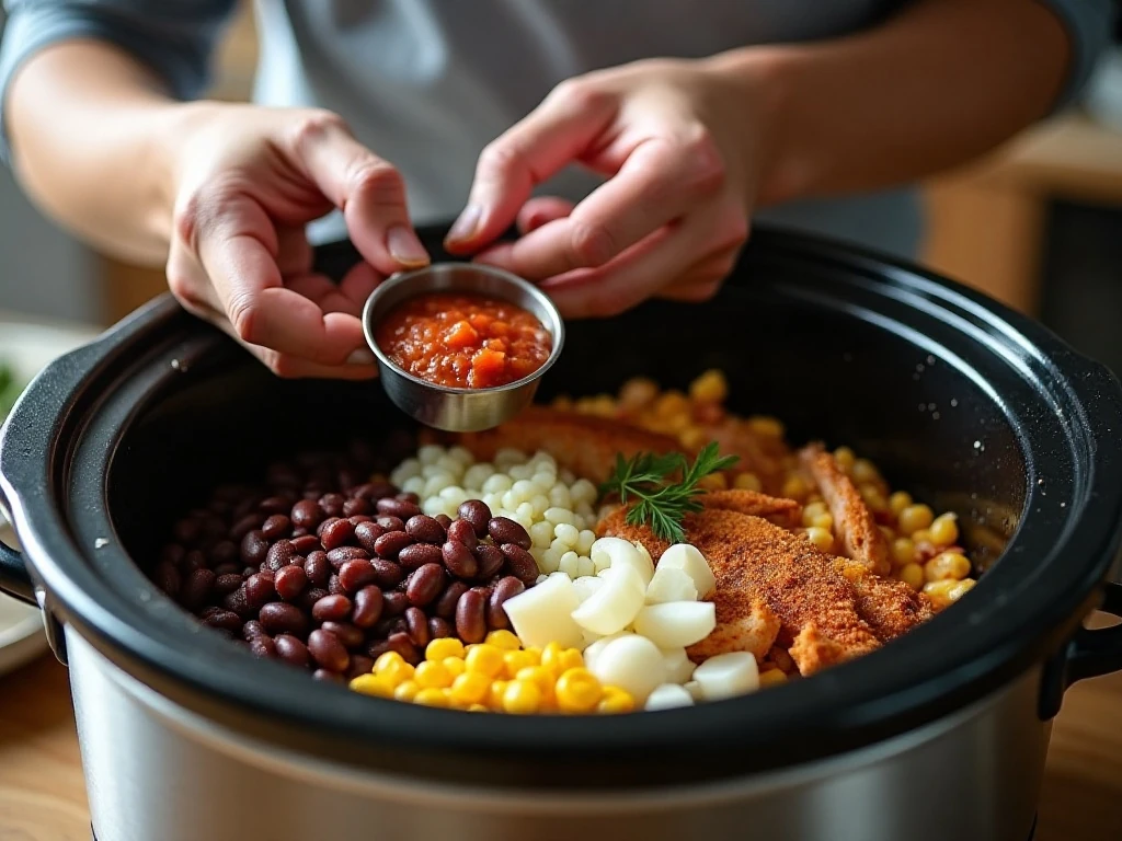 Chicken and sauce being prepared in a slow cooker