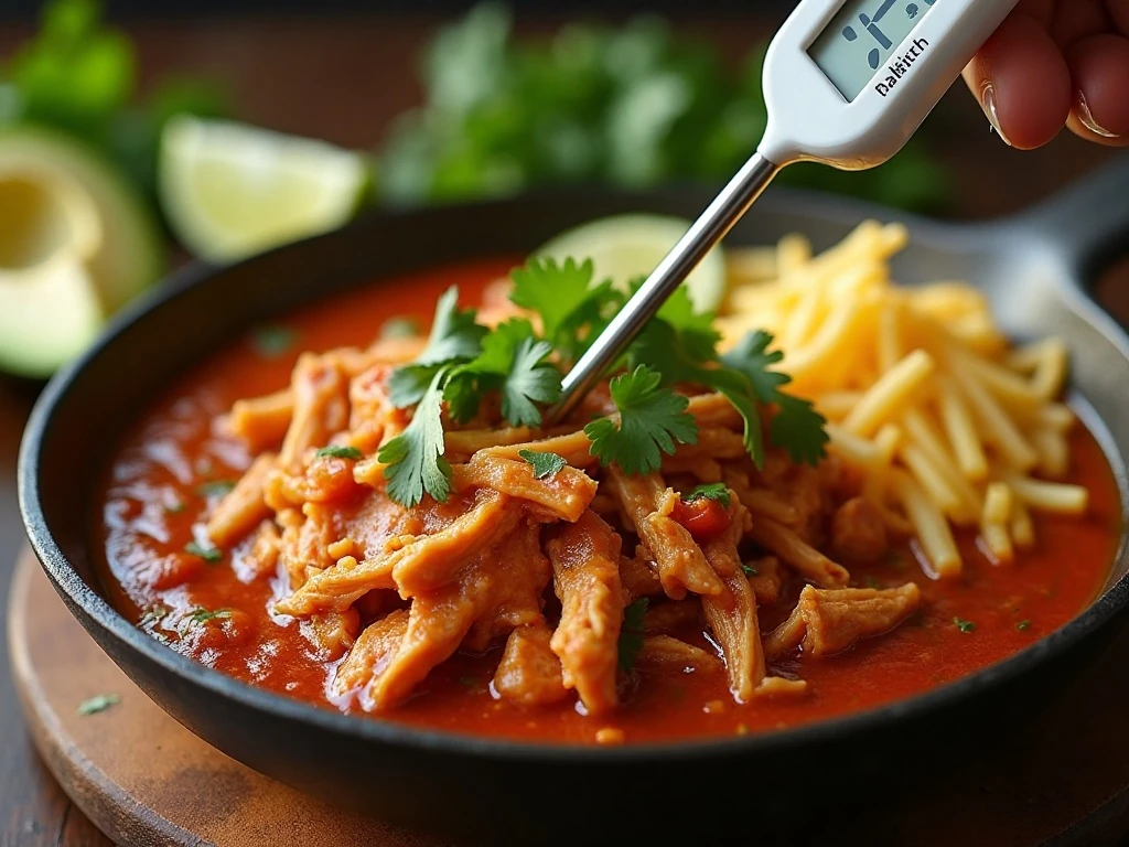 Tender slow cooker chicken checked for doneness and finished with fresh toppings