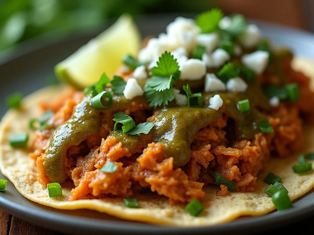 Close-up of juicy shredded salsa verde chicken with cilantro and lime