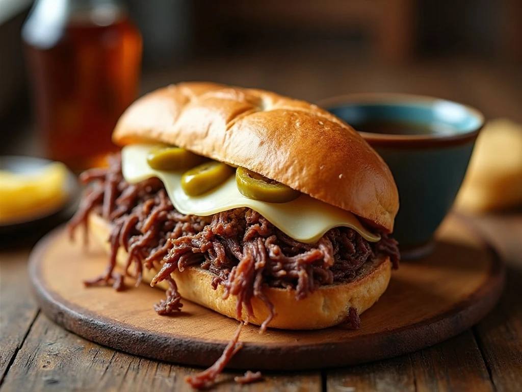 Juicy slow cooker Italian beef sandwich with provolone and au jus